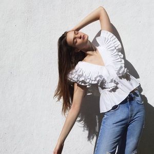 Zara Pleated Ruffle Buttoned V-Neck Poplin Top